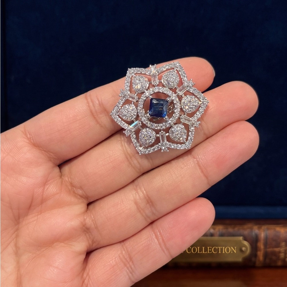 Elegant Floral Sapphire & Diamond Brooch - Blue and Silver